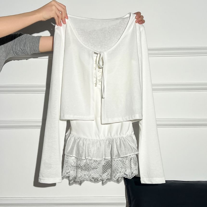 Lace Panel Ruched Camisole & Tie Front Crop Cardigan Set