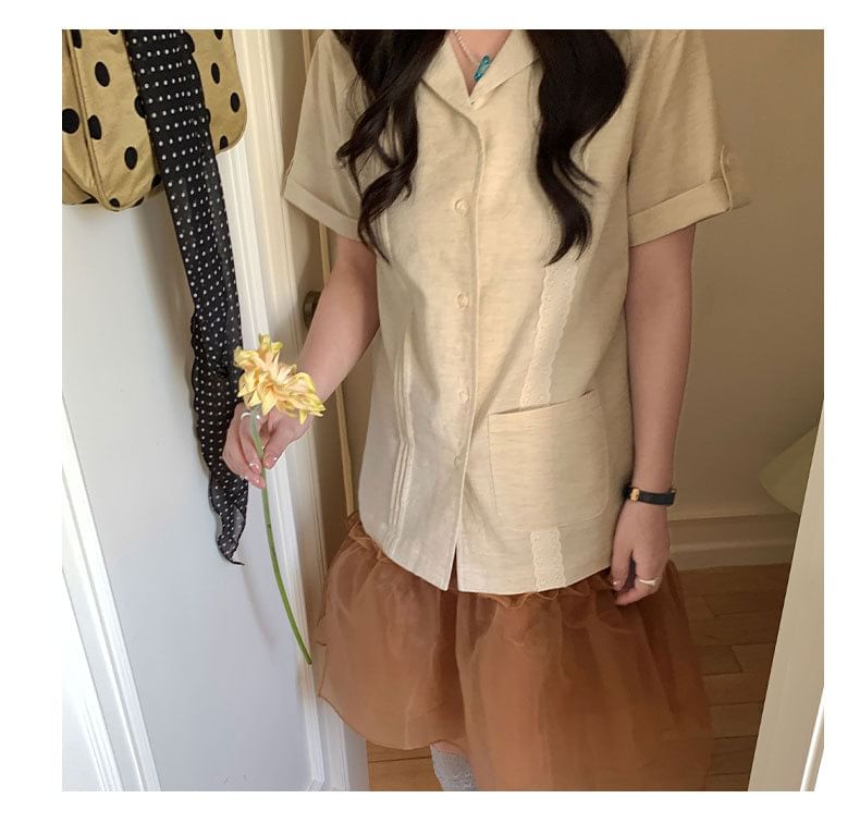 Lapel Collar Lace Pintuck Button-Up Blouse Short Sleeve