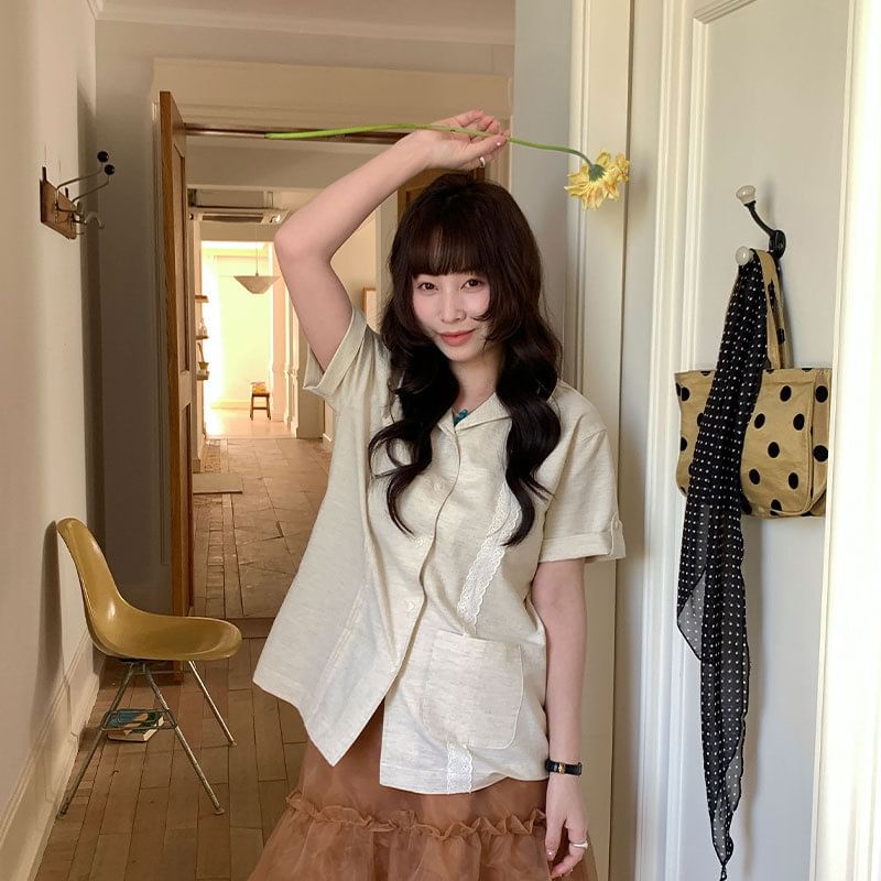 Lapel Collar Lace Pintuck Button-Up Blouse Short Sleeve