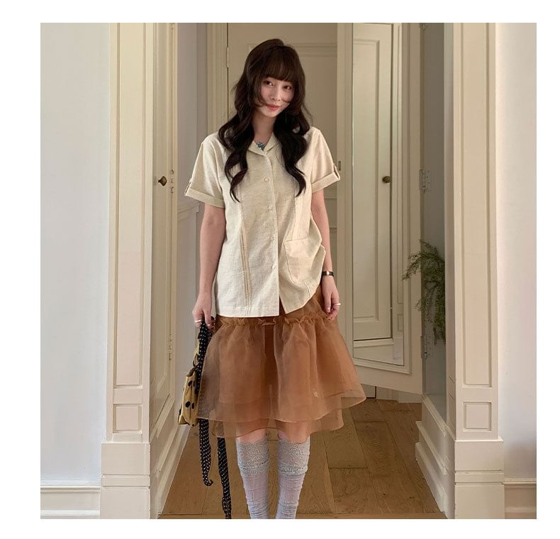 Lapel Collar Lace Pintuck Button-Up Blouse Short Sleeve