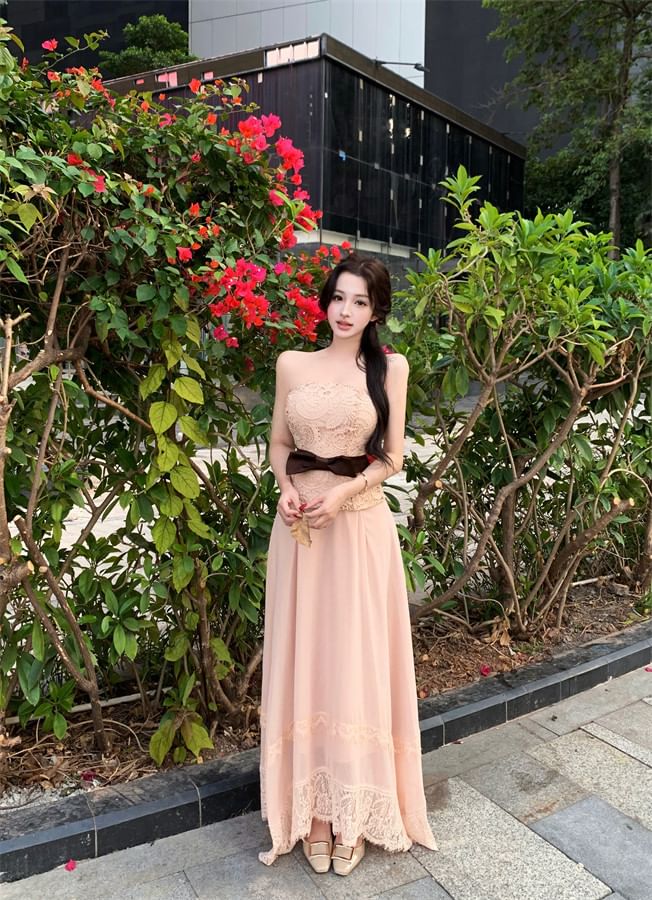 Two-Tone Halter Top with Maxi Skirt and Sash Set