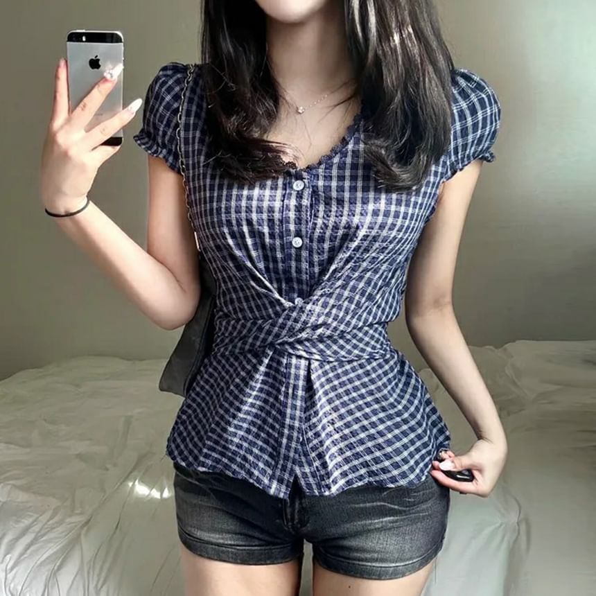 Puff-Sleeve Plaid Lace Trim Tie-Waist Blouse