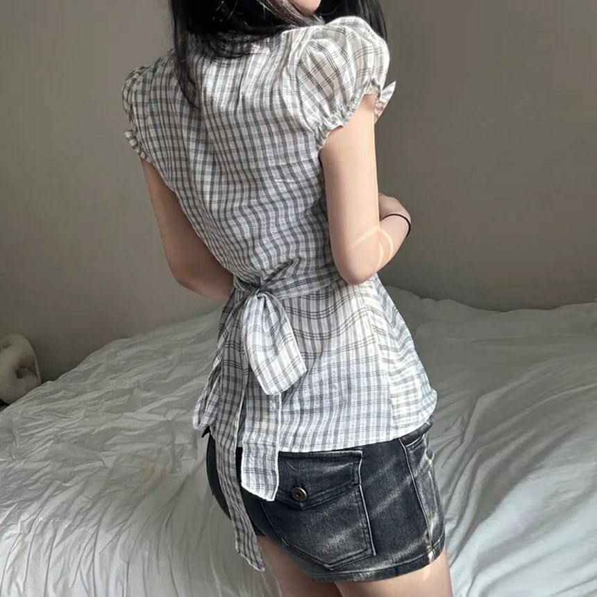 Puff-Sleeve Plaid Lace Trim Tie-Waist Blouse