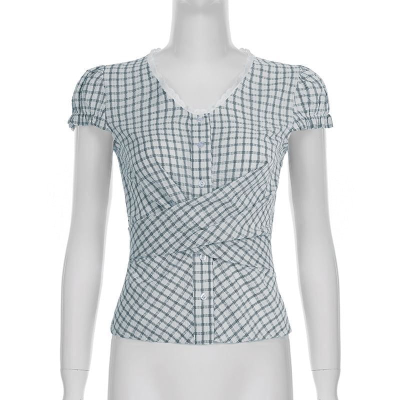 Puff-Sleeve Plaid Lace Trim Tie-Waist Blouse