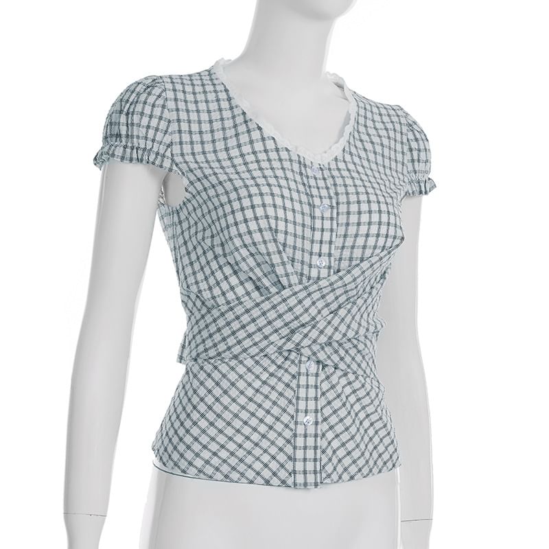 Puff-Sleeve Plaid Lace Trim Tie-Waist Blouse