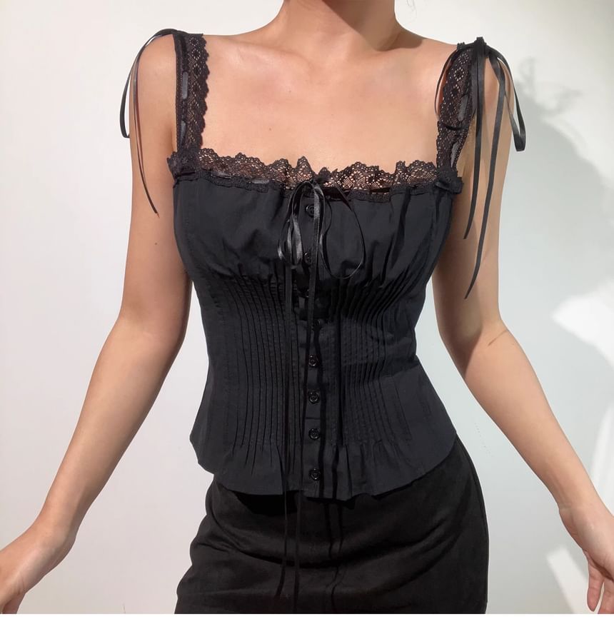 Square Neck Lace Panel Button-Up Crop Camisole Top