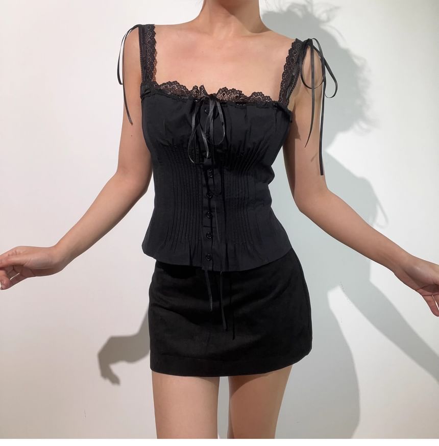Square Neck Lace Panel Button-Up Crop Camisole Top