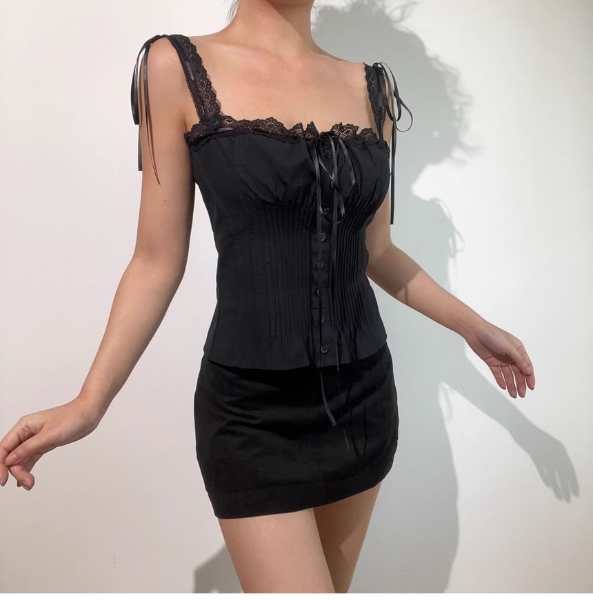 Square Neck Lace Panel Button-Up Crop Camisole Top