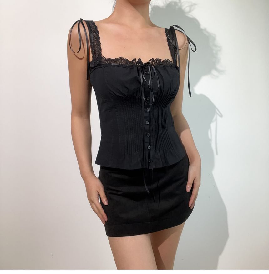 Square Neck Lace Panel Button-Up Crop Camisole Top
