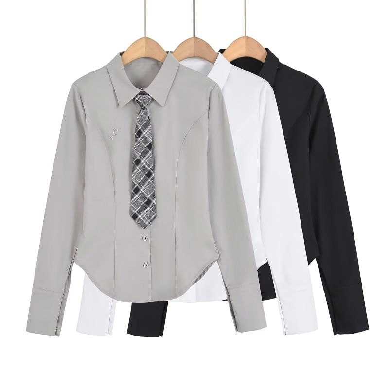 Rounded Hem Slim Shirt with Tie