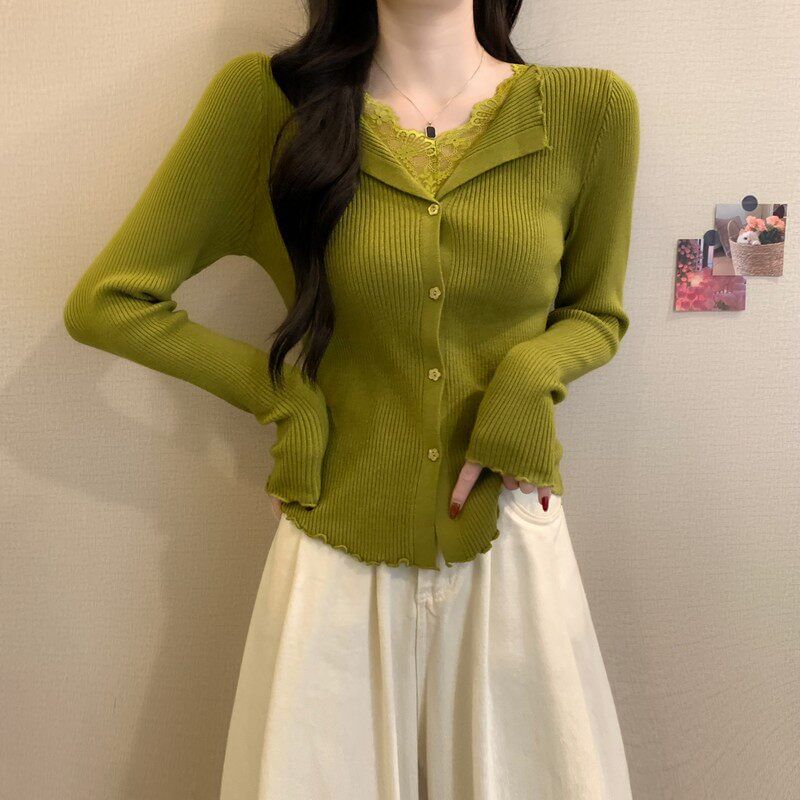 Ribbed Knit Long Sleeve V-Neck Lace Button Top