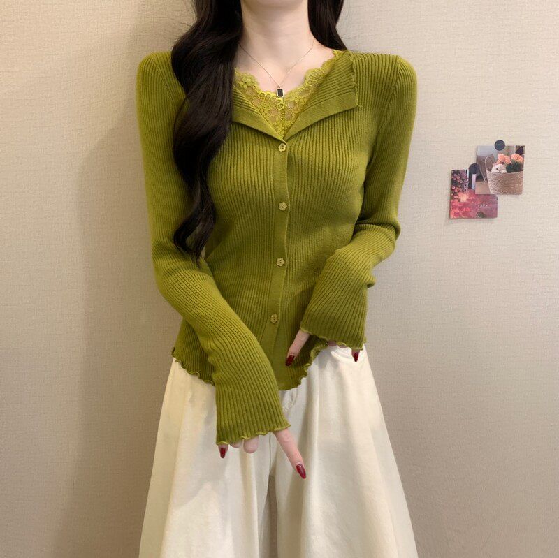 Ribbed Knit Long Sleeve V-Neck Lace Button Top
