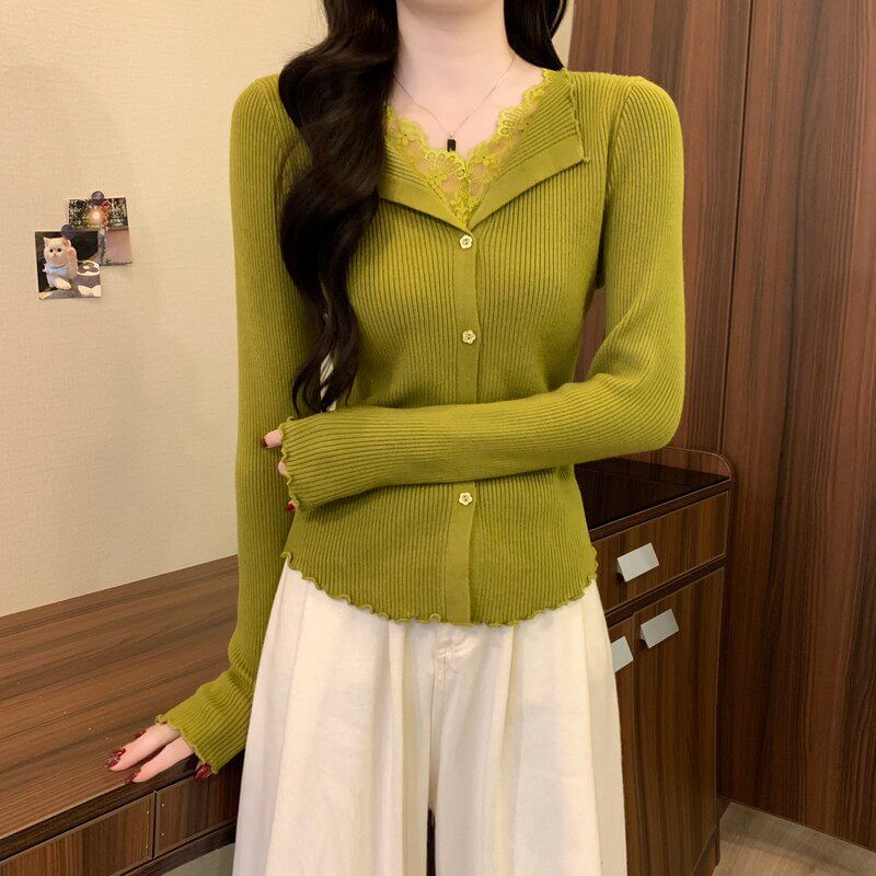 Ribbed Knit Long Sleeve V-Neck Lace Button Top