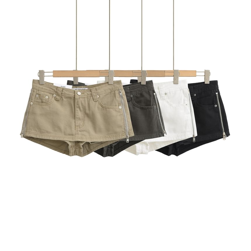 Mid Rise Plain Zip Slit Mini Denim Skirt