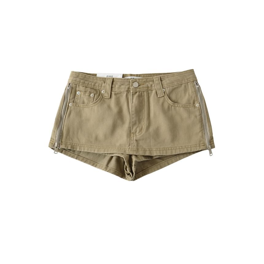 Mid Rise Plain Zip Slit Mini Denim Skirt