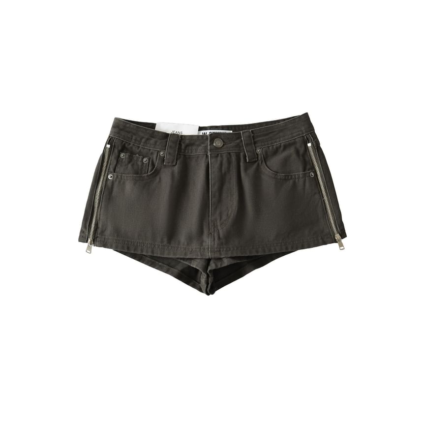 Mid Rise Plain Zip Slit Mini Denim Skirt