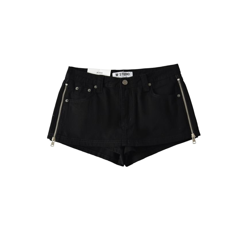 Mid Rise Plain Zip Slit Mini Denim Skirt