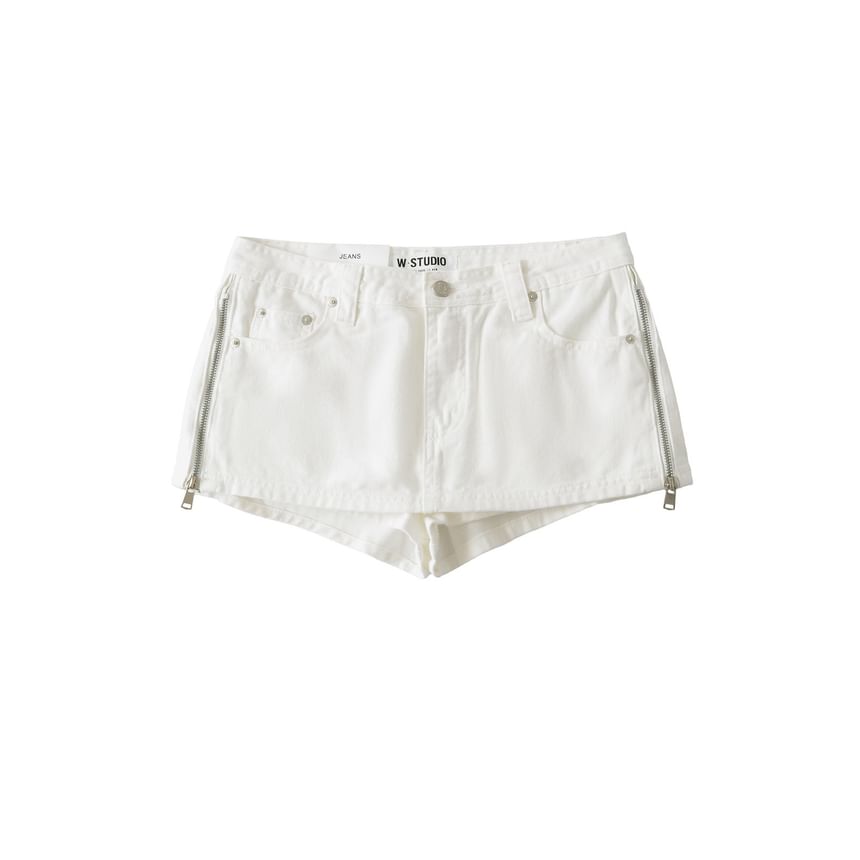 Mid Rise Plain Zip Slit Mini Denim Skirt