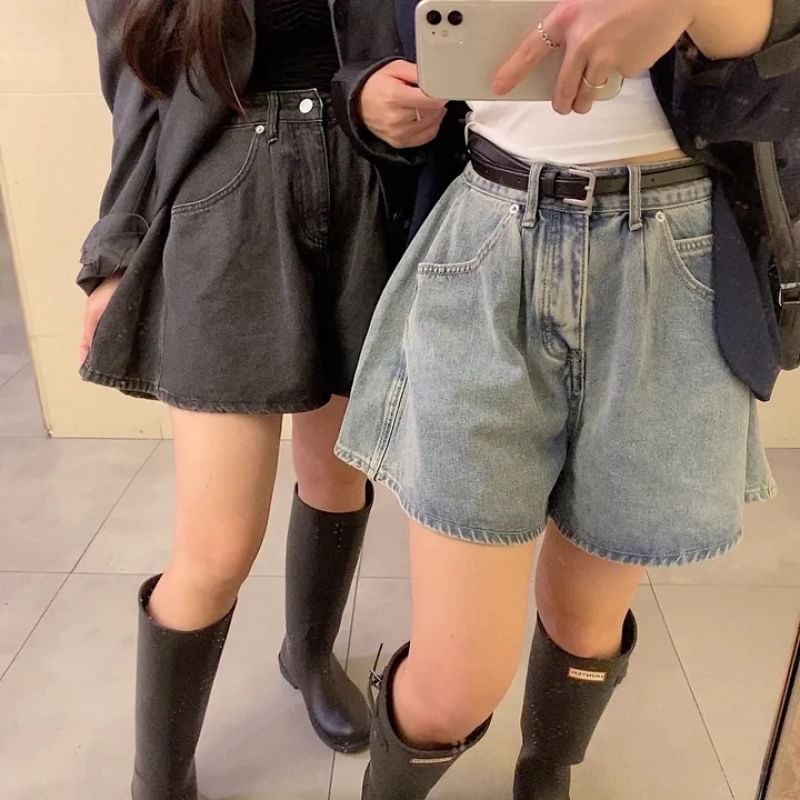 High Waist Washed Denim Wide Leg Shorts