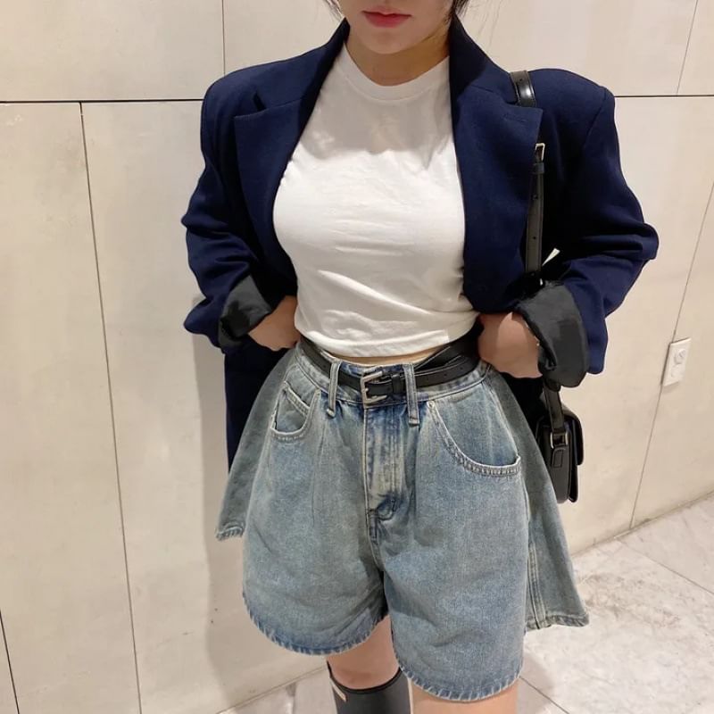 High Waist Washed Denim Wide Leg Shorts