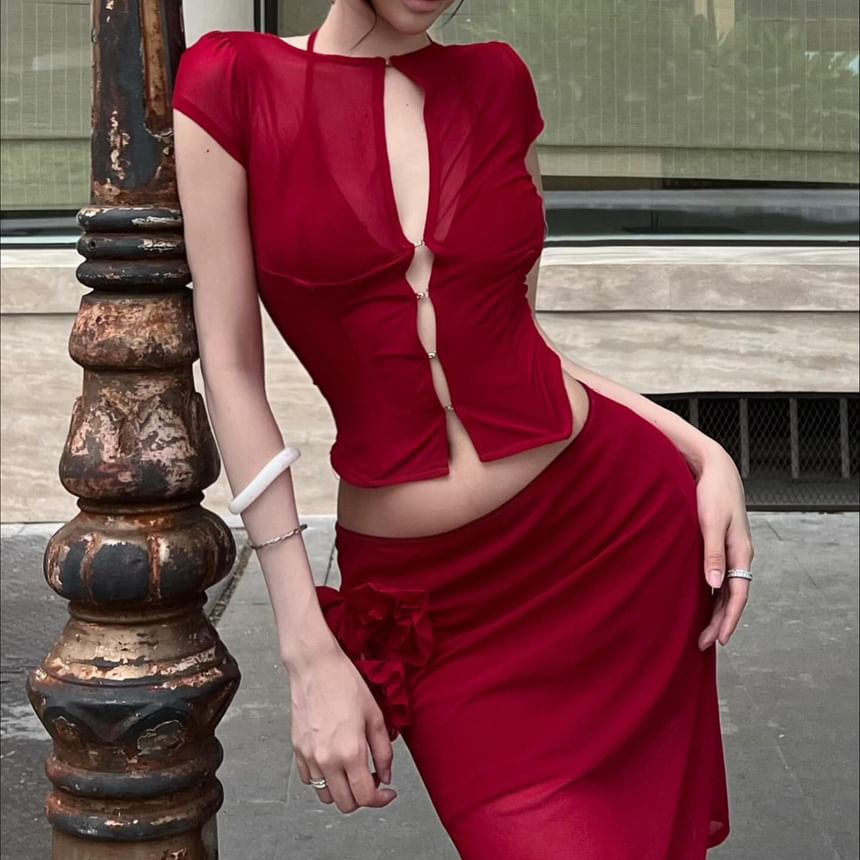 Sheer Cut-Out Slim-Fit Crop Top with Short Sleeves
