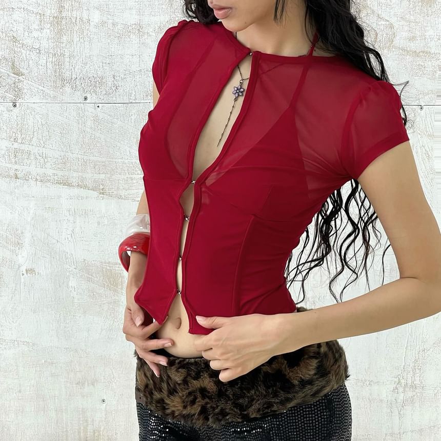 Sheer Cut-Out Slim-Fit Crop Top with Short Sleeves