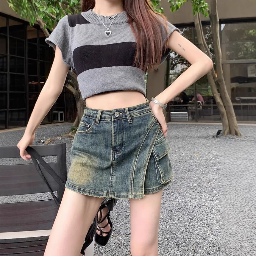 High Waist Asymmetrical Denim Mini Pencil Skort