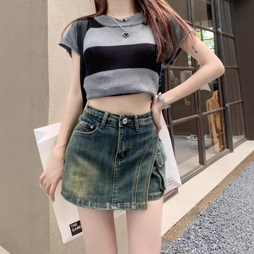 High Waist Asymmetrical Denim Mini Pencil Skort