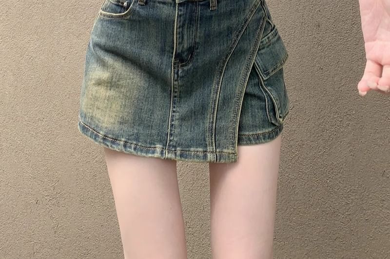 High Waist Asymmetrical Denim Mini Pencil Skort