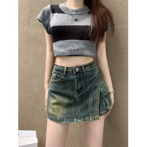 High Waist Asymmetrical Denim Mini Pencil Skort