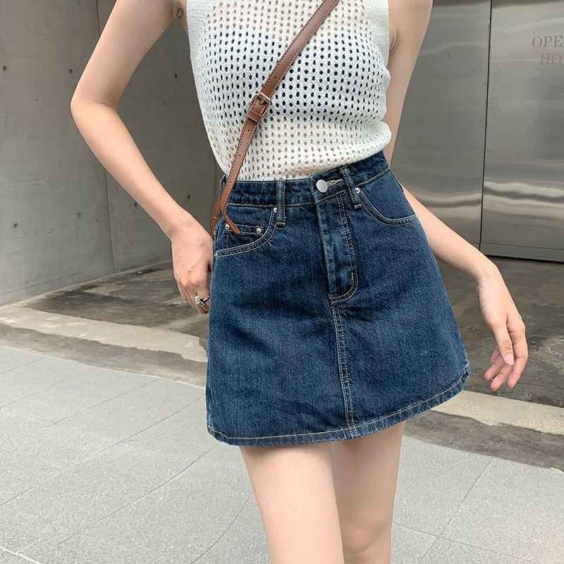 High Waist Denim Mini A-Line Skort