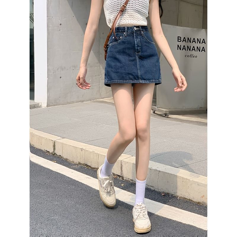 High Waist Denim Mini A-Line Skort