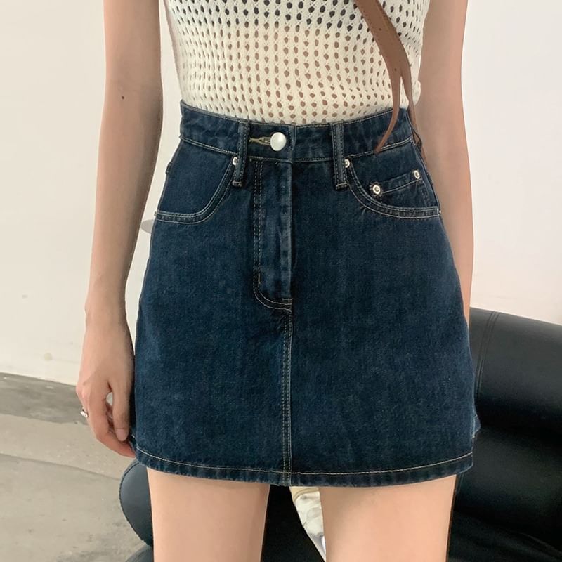 High Waist Denim Mini A-Line Skort