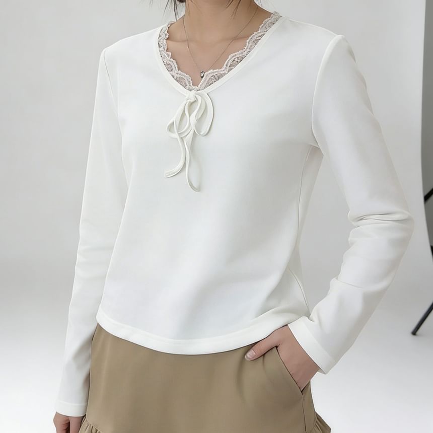 V-Neck Lace Detail Top with Long Sleeves