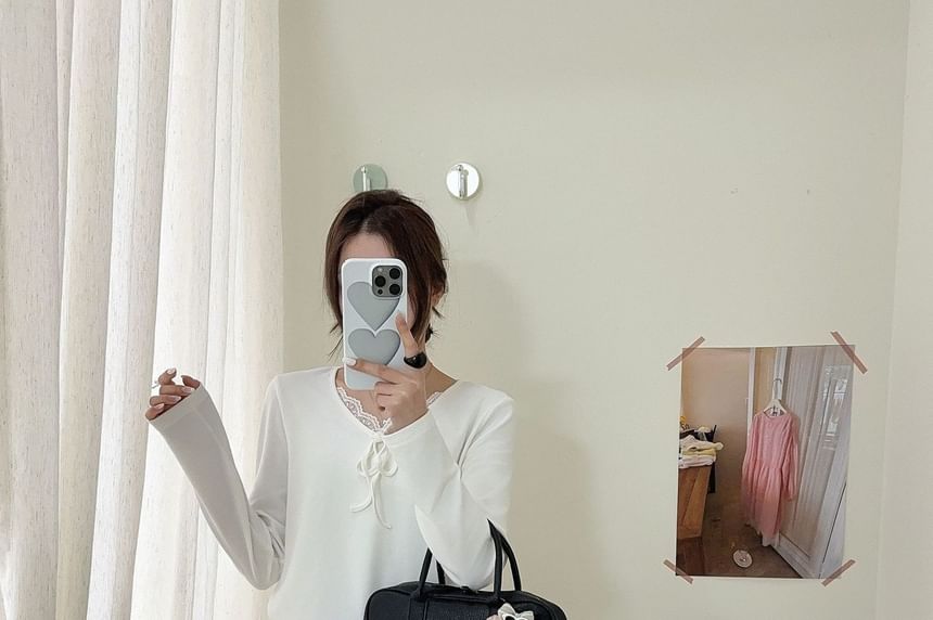 V-Neck Lace Detail Top with Long Sleeves