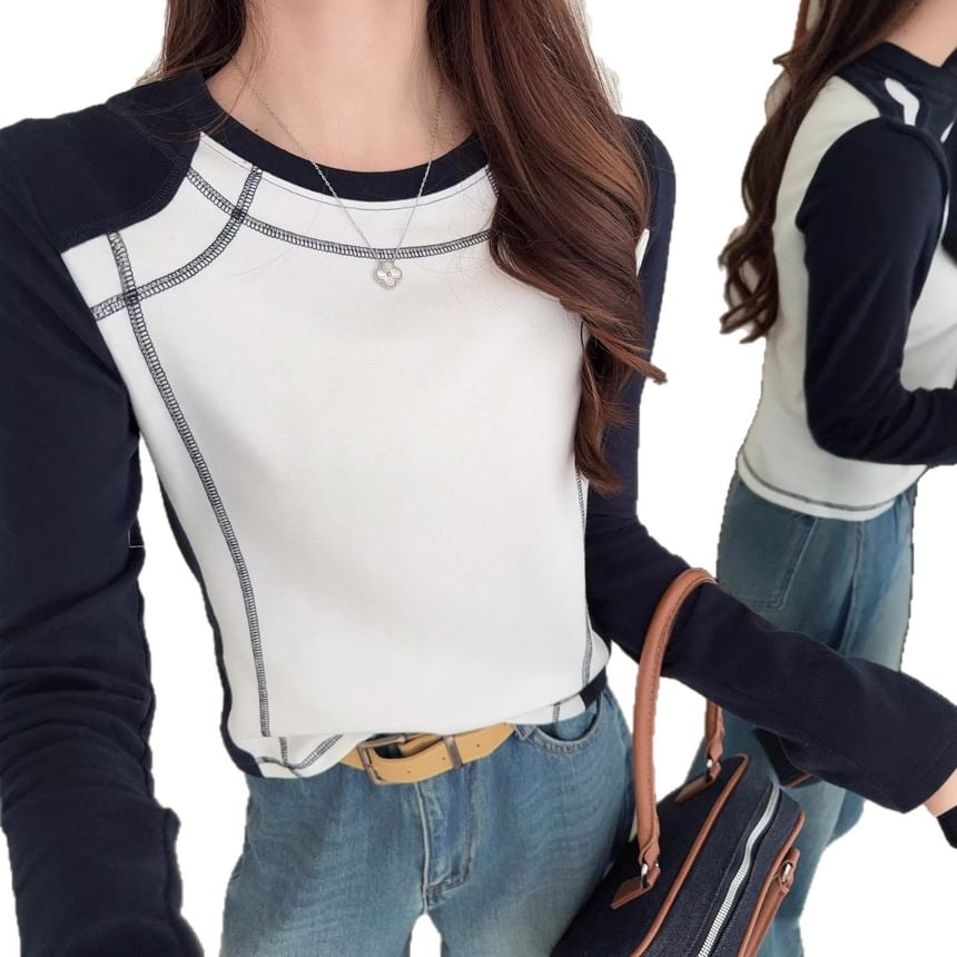 Raglan Contrast-Stitch Long-Sleeve Crew Tee