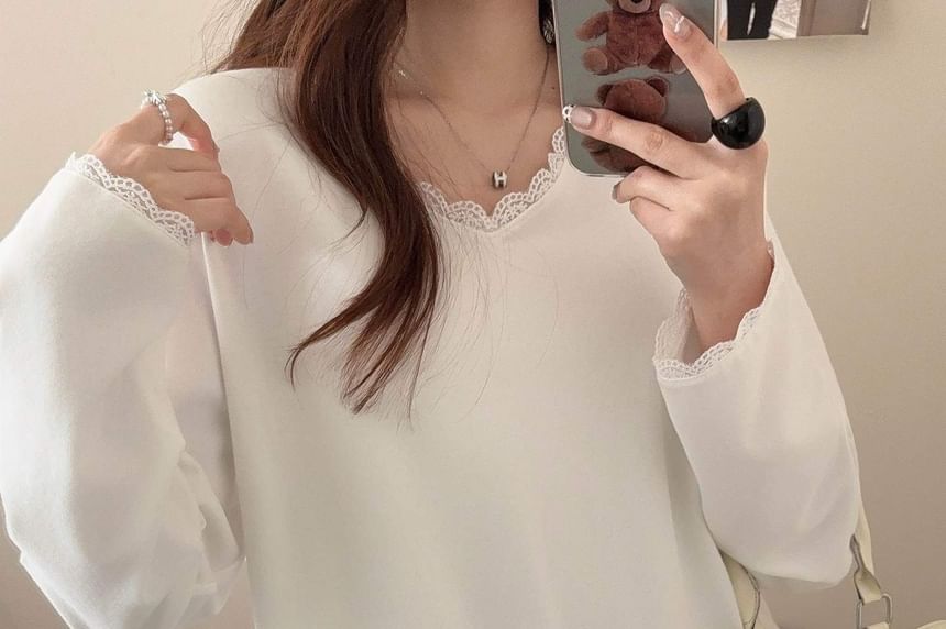 Lace-Trimmed V-Neck Tee with Long Sleeves