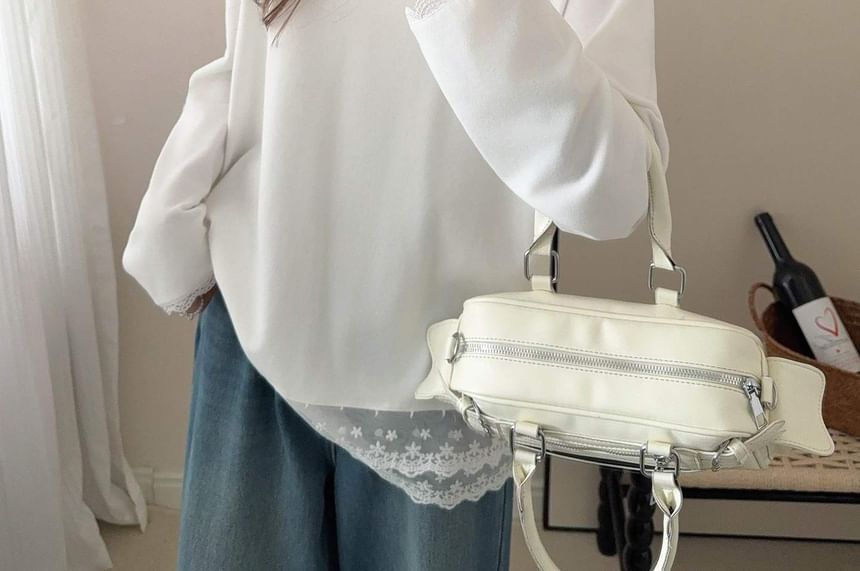 Lace-Trimmed V-Neck Tee with Long Sleeves