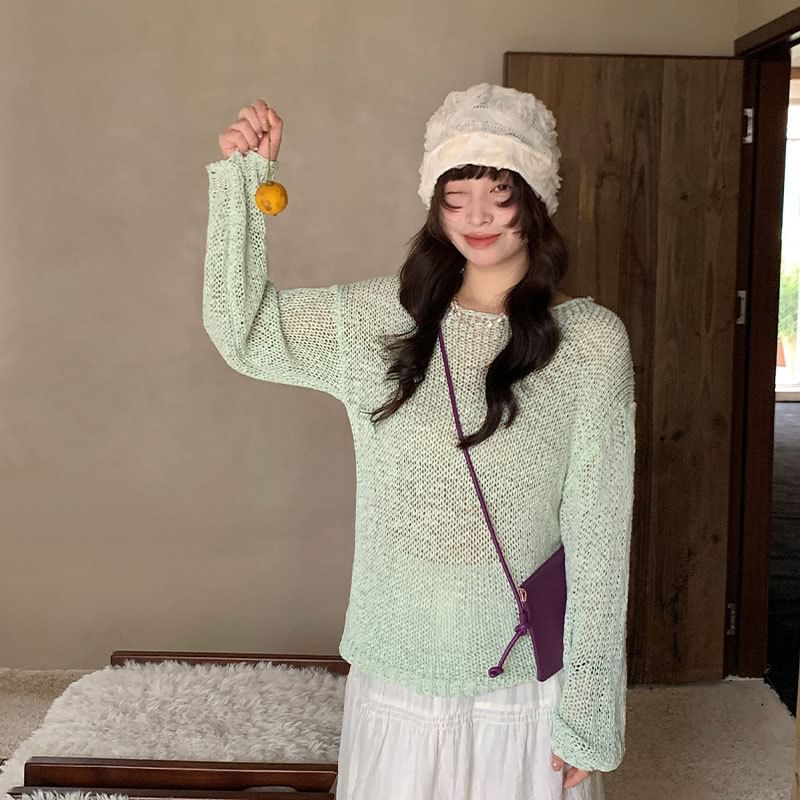 Perforated Crew Neck Knit Top with Long Sleeves