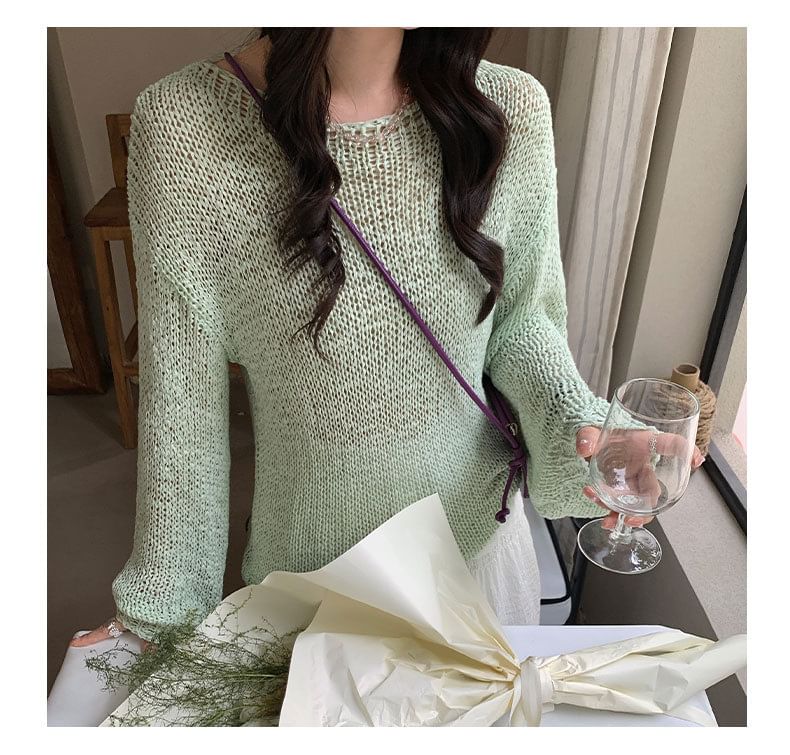 Perforated Crew Neck Knit Top with Long Sleeves