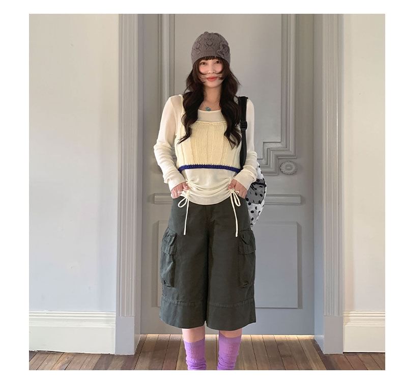 Crew Neck Drawstring Knit Top and Contrast Trim Crop Camisole Set