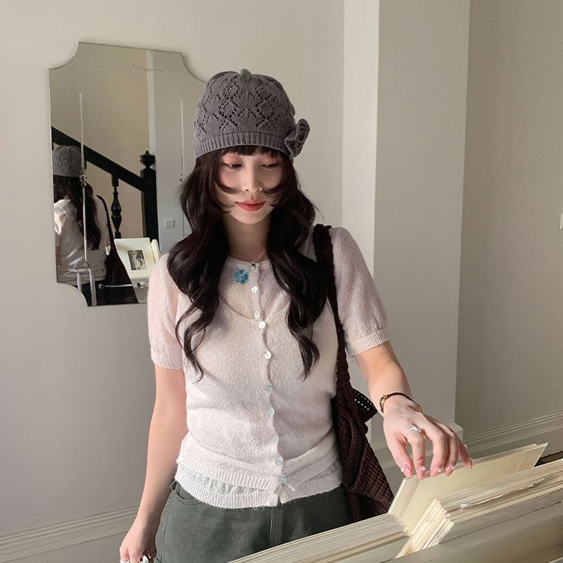 Button-Up Cardigan with Short Sleeves and Scoop Neck Tank Set