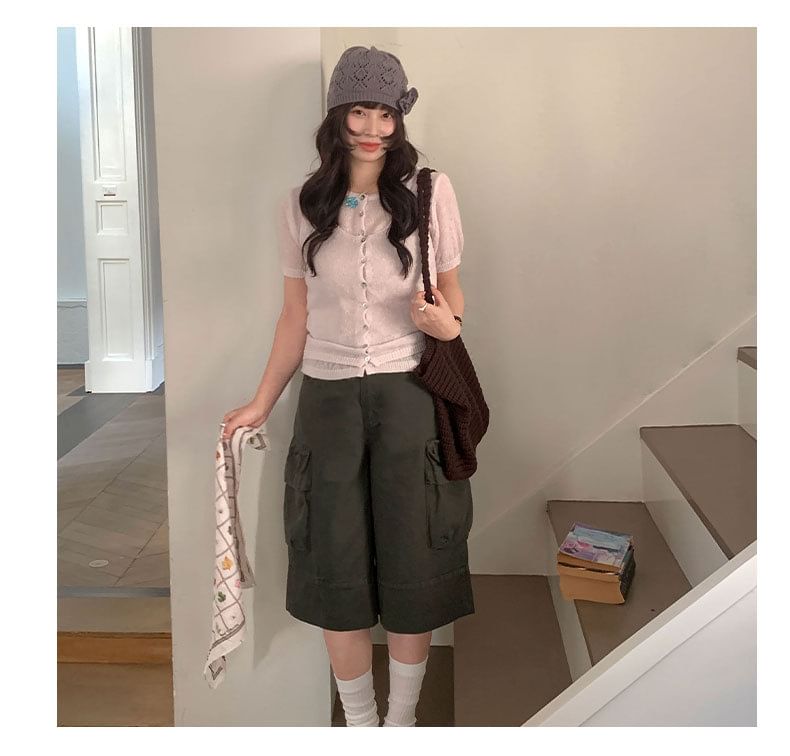 Button-Up Cardigan with Short Sleeves and Scoop Neck Tank Set