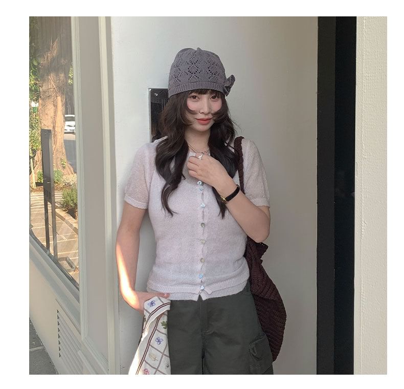 Button-Up Cardigan with Short Sleeves and Scoop Neck Tank Set