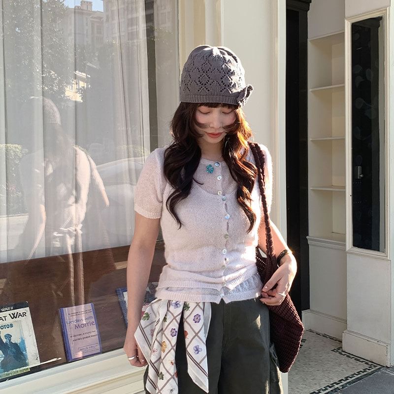 Button-Up Cardigan with Short Sleeves and Scoop Neck Tank Set