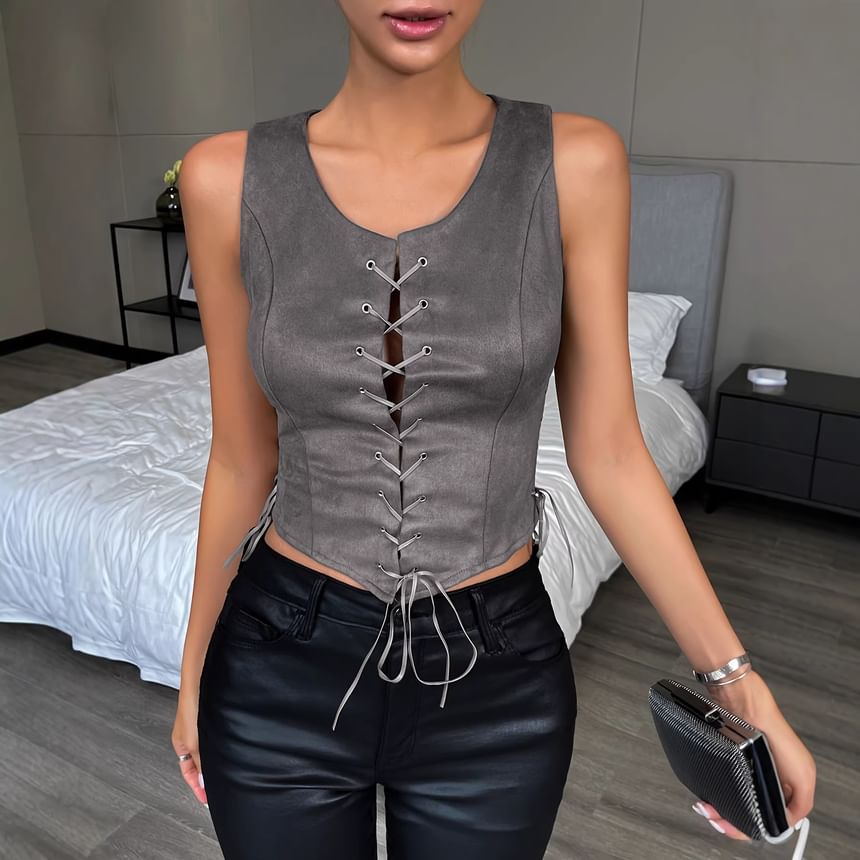 Lace-Up Round Neck Sleeveless Top