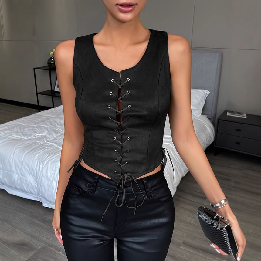 Lace-Up Round Neck Sleeveless Top