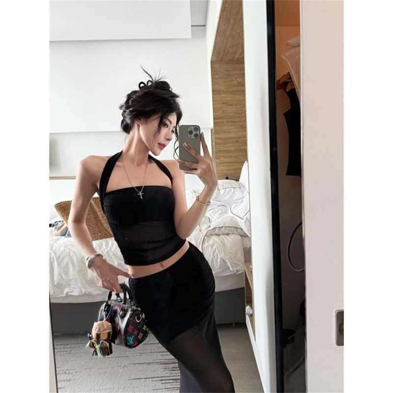 Sheer Halter Crop Camisole with Solid Finish