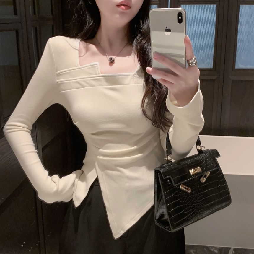 Ruched Slit Notch-Neck Tee with Long Sleeves