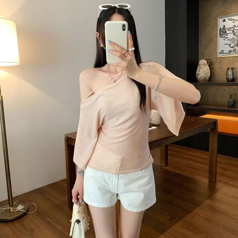 Off-Shoulder Sheer Slim Tee with Three-Quarter Sleeves